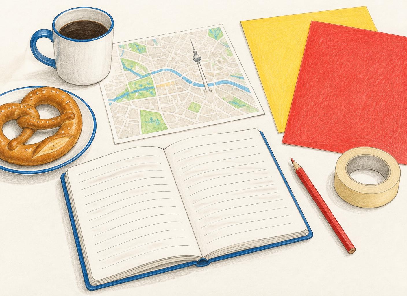 Colored-pencil event planning materials on a table
