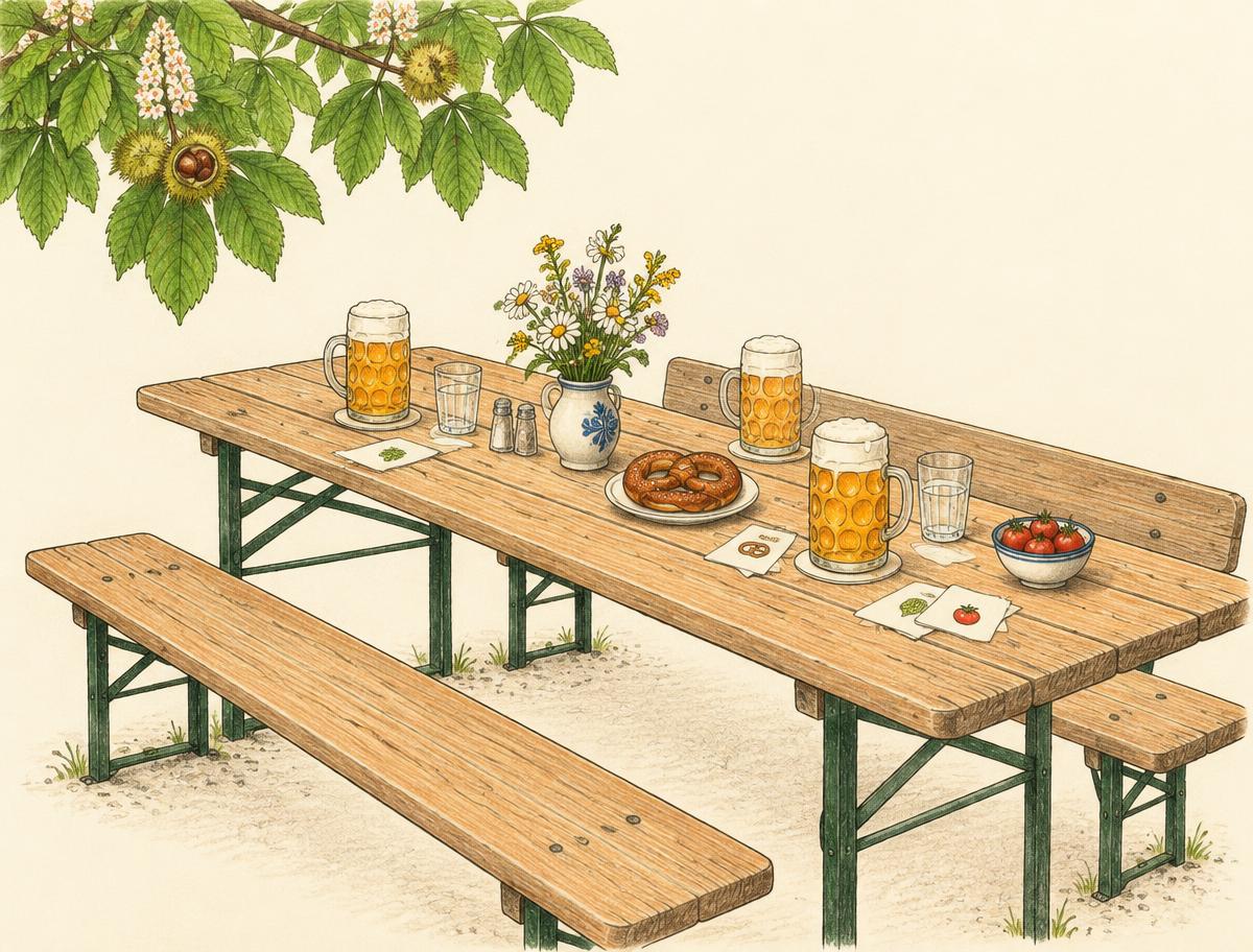 A colored-pencil drawing of a beer garden table set for a neighborhood gathering